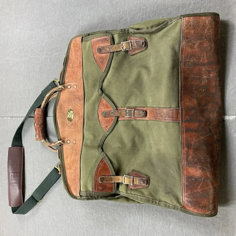 Vintage Orvis Battenkill Garment Bag Beautiful Aged Leather & Green Field Canvas